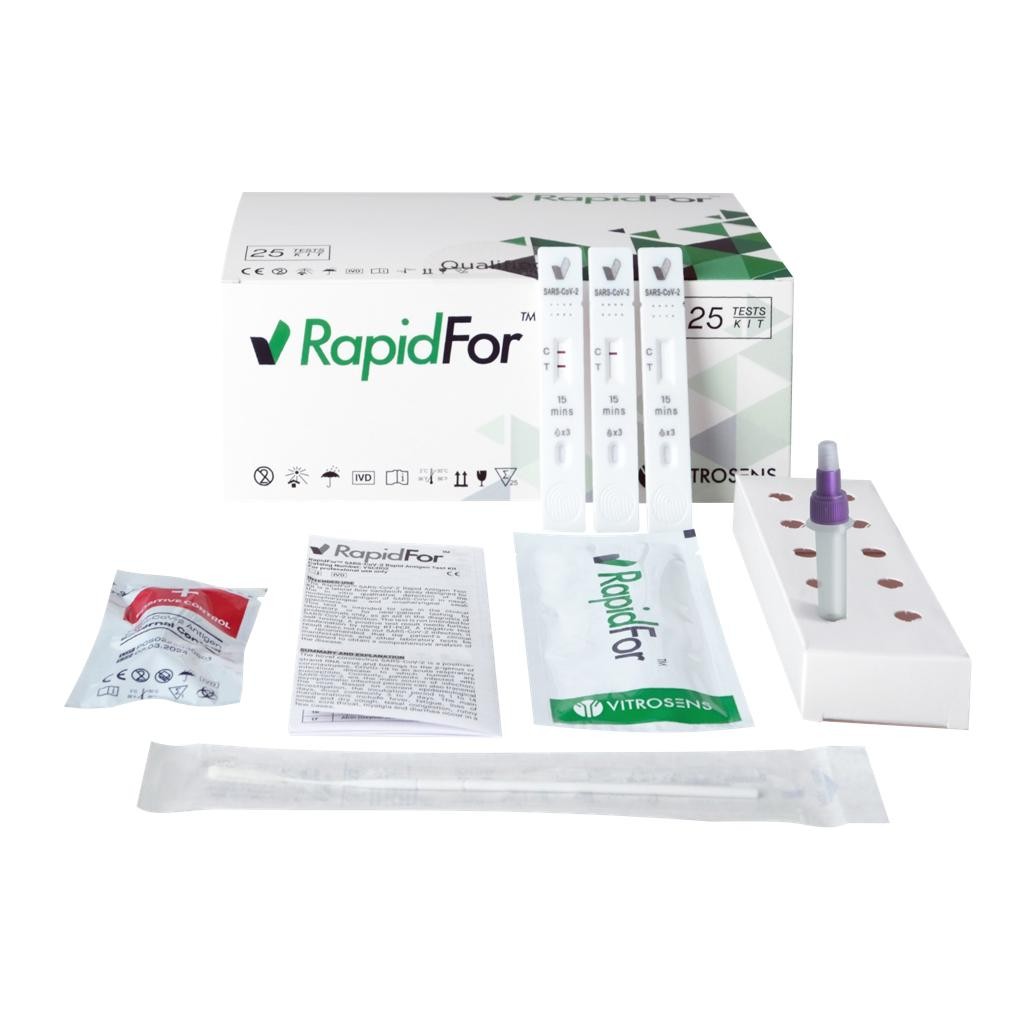 RapidFor SARS-CoV-2 Rapid Antigen Test Kit  kurzer Nasenabstrich, Langer Nasen- & Rachenabstrich, 3-1 Test - Professionell (VE: 25 Stück), BfArM/AT 507/20
